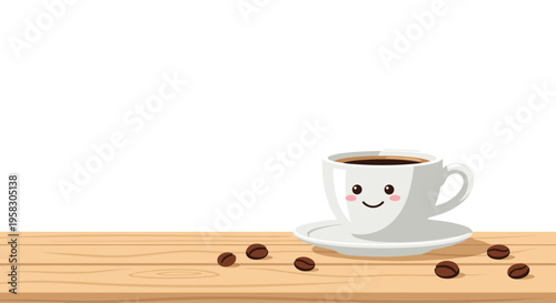 A cheerful white cartoon coffee cup with a smiling face sits on a saucer surrounded by six coffee beans on a wooden table.