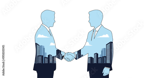 Two businessmen silhouettes shake hands, revealing a cityscape within their forms, against a plain white background.