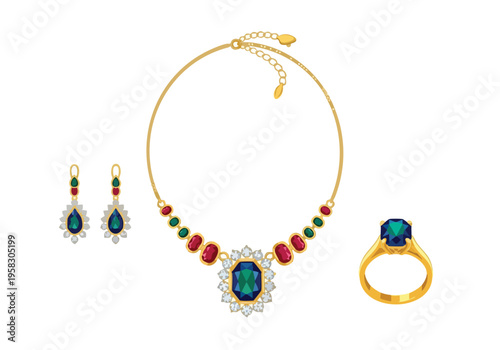 Exquisite gold jewelry set featuring a necklace, earrings, and ring adorned with colorful gemstones and diamonds