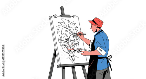 Artist drawing a caricature portrait on an easel.