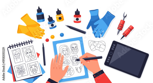 Artist drawing faces on tablet with art supplies.