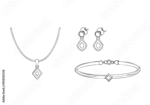 Elegant diamond-shaped pendant necklace, matching stud earrings, and a delicate bracelet – a sophisticated jewelry set for refined style and special occasions