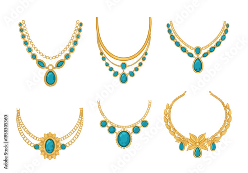 Collection of elegant necklaces with precious gemstones and intricate gold chains
