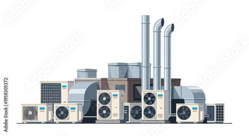 Numerous air conditioning units and tall ventilation pipes are compactly arranged on a building rooftop in a flat illustration style.