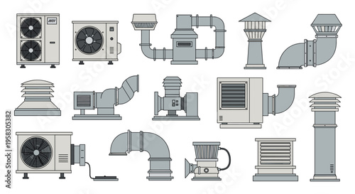 A diverse collection of fifteen individual HVAC and ventilation system components is displayed against a clean white background.