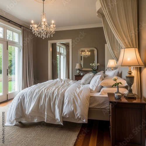 Elegant Master Bedroom Suite With Canopy Bed And Chandelier