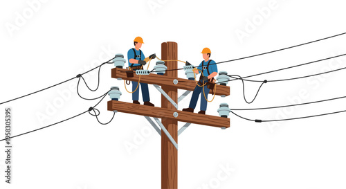 Two male utility workers in blue uniforms are working on a wooden utility pole with neatly arranged wires and insulators.