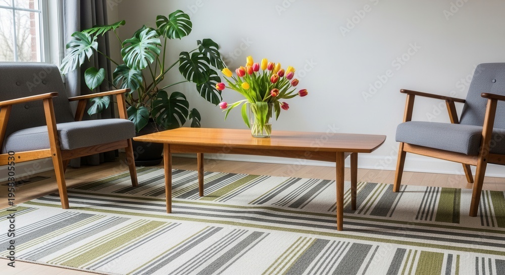 Fototapeta premium Elegant Mid Century Living Room Scene With Floral Arrangement