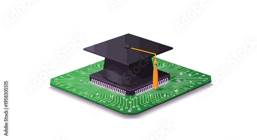 A black graduation cap with an orange tassel rests on a computer chip with green circuitry on a white background.