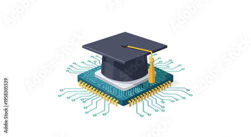 A black graduation cap with a gold tassel sits on a computer chip with teal and yellow circuitry on a white background.