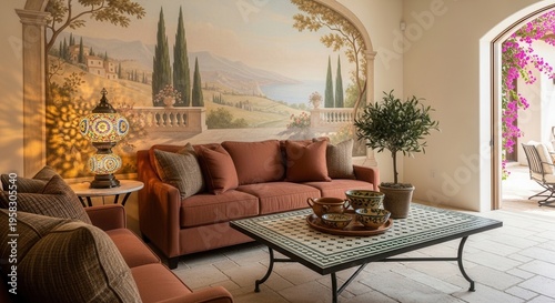 Elegant Mediterranean Living Room With Tuscan Mural And Moroccan Lamp
