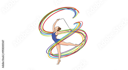 A female rhythmic gymnast in a blue leotard performs a routine with a flowing rainbow ribbon on a clean white background.