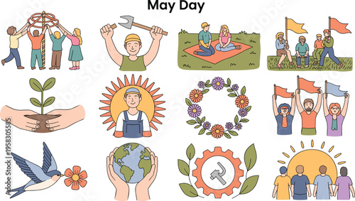 May Day labor celebration illustrations set, workers rights solidarity spring festival community teamwork nature symbols vector collection design elements