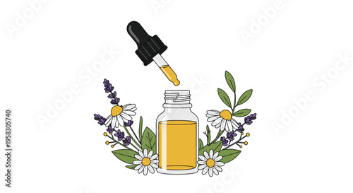 A clear glass dropper bottle with yellow liquid is surrounded by chamomile and lavender flowers on a plain white background.