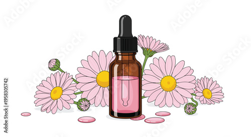 A brown glass dropper bottle filled with pink liquid is surrounded by pink daisy-like flowers and spilled drops on a white background.