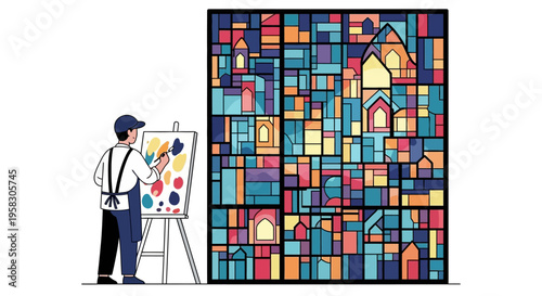Artist painting a vibrant stained glass window masterpiece.