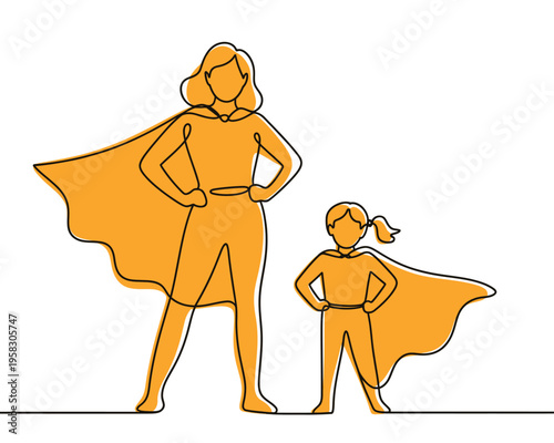 A mother and daughter dressed as superheroes standing confidently together