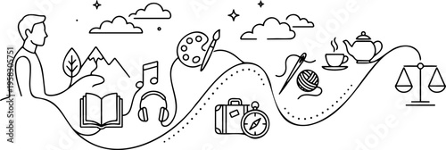 Line art vector of a person life journey with hobbies and balance icons