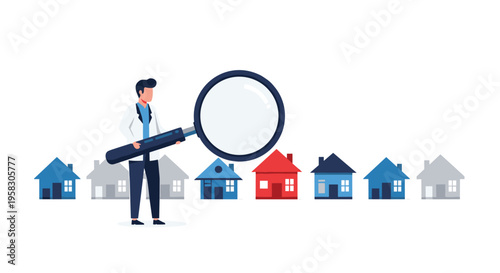A man in a lab coat holds a large magnifying glass to examine a row of small houses, including one red house, on a white background.
