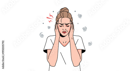 A woman with a bun hairstyle holds her temples with both hands, showing distress with red lightning bolts and swirling lines around her head.