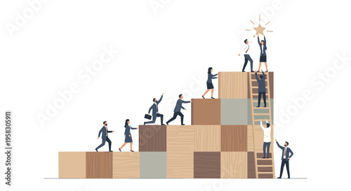 Business people climb a wooden block staircase and a ladder to reach a shining star on a white background.
