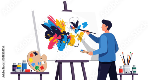 Artist painting abstract colorful artwork on canvas easel.