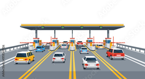 Multiple cars drive through a six-lane toll plaza with raised barriers and yellow road markings on a white background.