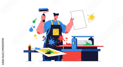 Artist painting with roller and canvas.