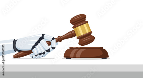 A detailed white and blue robotic hand holds a brown wooden judge's gavel positioned above a matching sound block on a grey table surface.