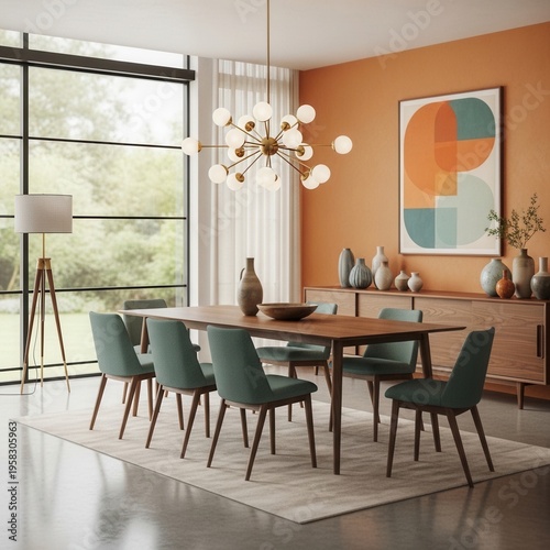 Elegant Mid-Century Modern Dining Room With Warm Hues And Natural Light
