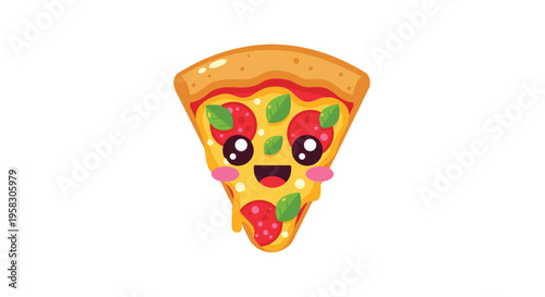 A sweet cartoon pizza slice with rosy cheeks, large eyes, a gentle smile, pepperoni, and basil leaves is dripping cheese on a white background.