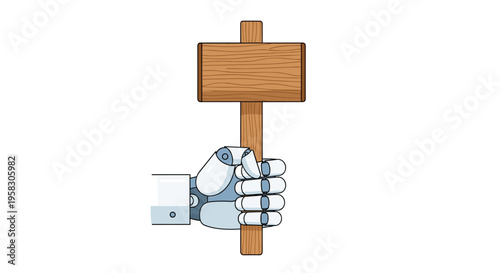 A sleek white and blue robotic hand firmly grips a blank rectangular wooden sign attached to a wooden pole on a white background.