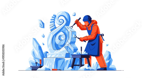 Artist sculpting a large ice block into a spiral shape.