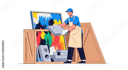 Artistic professional carefully packing colorful paintings into wooden crate.