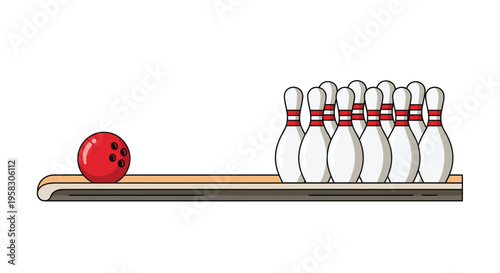 A red bowling ball rests next to ten white bowling pins with red stripes on a short wooden platform on a white background.