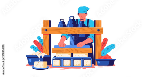 Artistic depiction of cheese making process with weights.