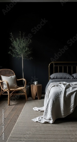 Elegant Minimalist Bedroom With Rattan Chair And Dark Wall