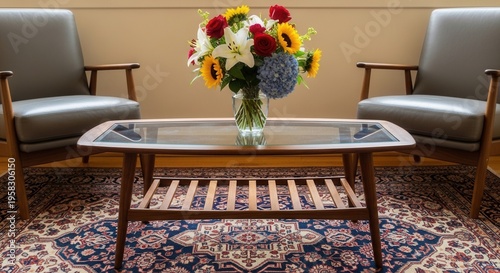 Elegant Mid-Century Modern Living Room Scene with Floral Arrangement