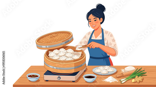 Asian Woman Preparing Delicious Dumplings in Bamboo Steamer.