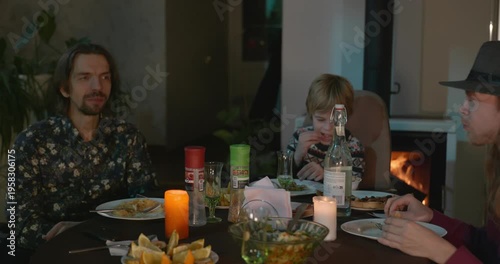 Kid Spend Time with Uncles. Friends Have a Home Party Dinner. 4K 10-bit