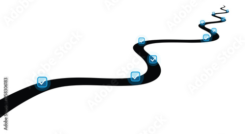 A winding black road with blue square markers containing white checkmarks extends into the distance on a white background.