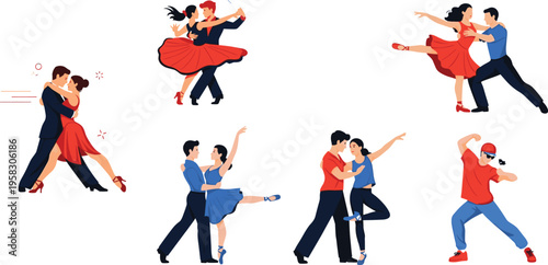 Dance couples vector set with salsa, tango and modern styles, romantic partner movements, performance choreography, elegant and urban dance illustration collection