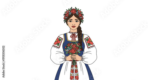 A young woman in traditional Ukrainian clothing with a floral crown holds a bouquet of red roses and green foliage.