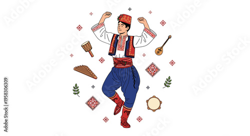A man in traditional Balkan clothing dances energetically, surrounded by folk musical instruments and cultural patterns.