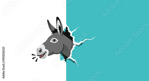 A smiling gray donkey's head with a speech bubble breaks through a torn opening between a white and teal wall.