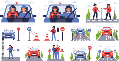 Driving school and road safety vector set with traffic signs, instructors, learners, car practice, rules education and transportation training illustration collection