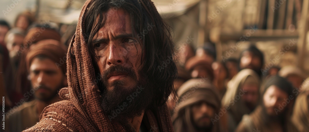 Obraz premium A biblical figure with a solemn expression is surrounded by a crowd, perfectly capturing the historical drama that serves as the main backdrop for the film industry.