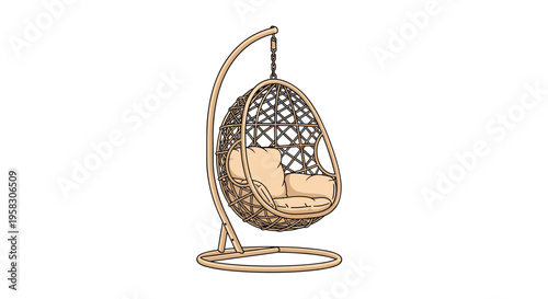 A light brown woven rattan egg chair with a beige cushion hangs from a curved metal stand, isolated on a white background.