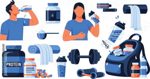 Fitness nutrition and gym equipment vector set with protein supplements, shaker bottles, dumbbells, workout gear, healthy lifestyle illustration collection