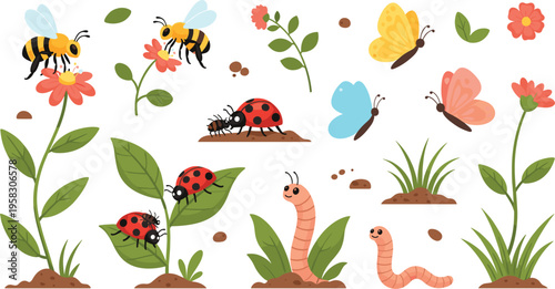 Garden insects and nature elements vector set with bees, ladybugs, butterflies and worms, plants and flowers, outdoor ecology illustration collection